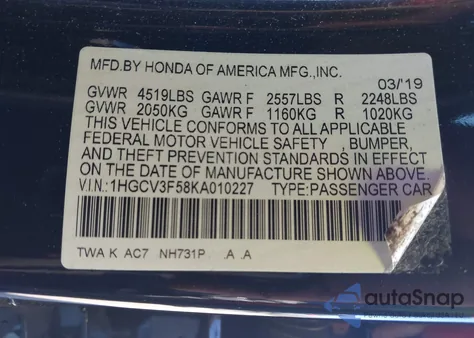 2019 Honda Accord Hybrid Ex-L z USA, uszkodzony, nr VIN 1HGCV3F58KA010227